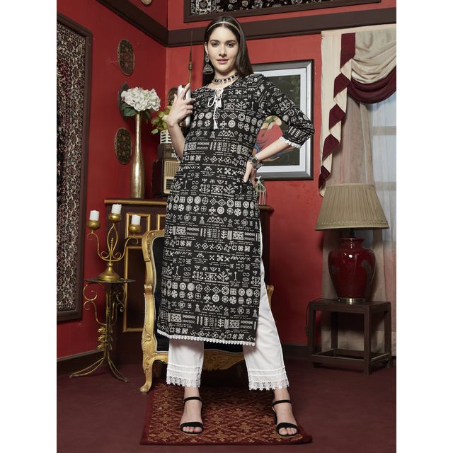 Bandia Women's Extract Printed Lace Embellished Straight Kurta | BANK0105 | Black and White | S