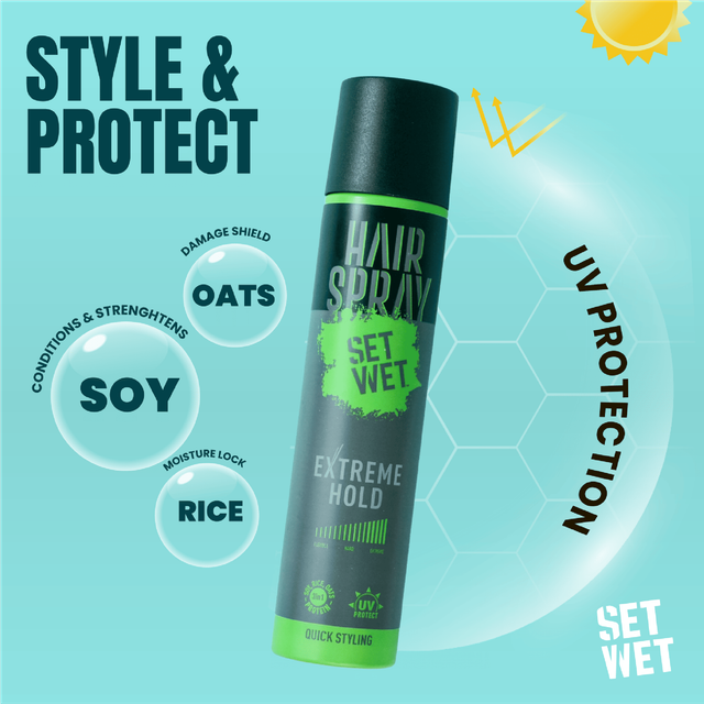 Set Wet Hair Spray For Men & Women | Extreme, Long-lasting Hold | UV Protect | With Soy, Rice & Oat Protein