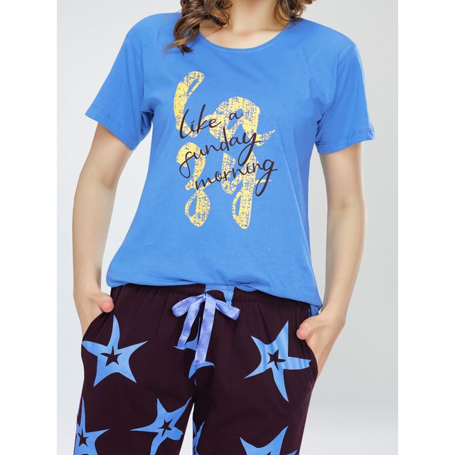 Zeyo Night Suit for Women Blue Star Printed Cotton Night Dress of Top & Pajama Set 5773-BE- XXL