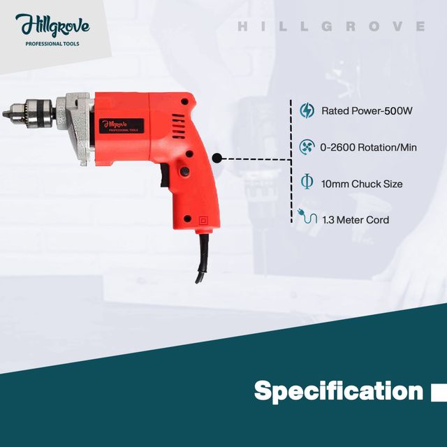 Hillgrove Hzp101M1 500W 10 mm Power Electric Drill Machine With Drill Bits For Metal