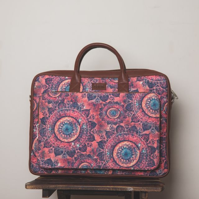 Zouk Women's Graphic Vegan Leather and Handcrafted Fabric 5.4 L Laptop Bag | Pink - 15.6 Inches