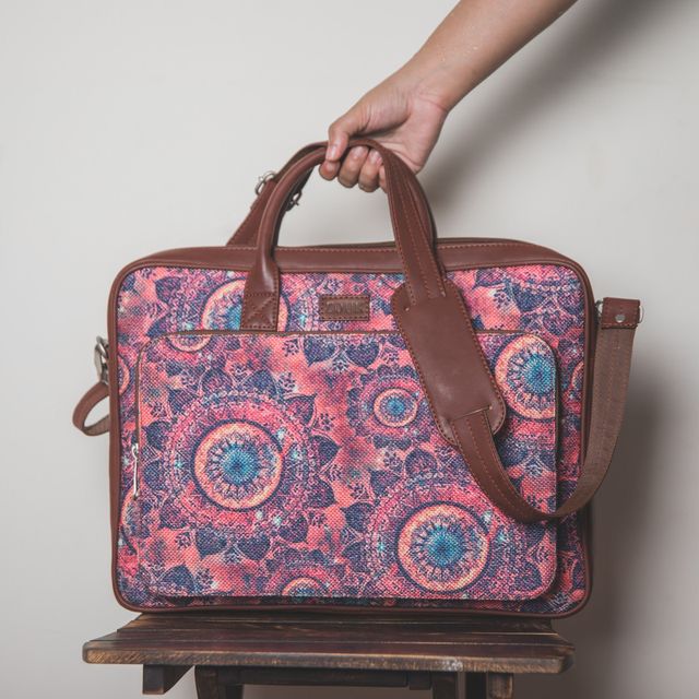 Zouk Women's Graphic Vegan Leather and Handcrafted Fabric 5.4 L Laptop Bag | Pink - 15.6 Inches