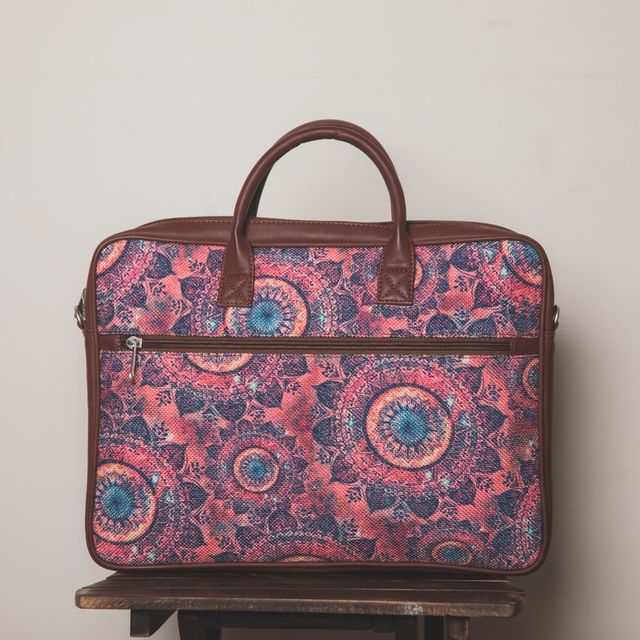 Zouk Women's Graphic Vegan Leather and Handcrafted Fabric 5.4 L Laptop Bag | Pink - 15.6 Inches