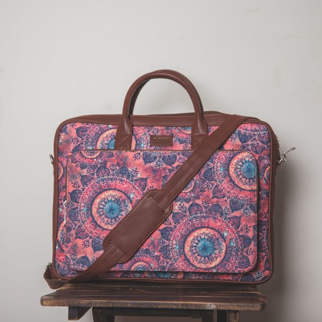 Zouk Women's Graphic Vegan Leather and Handcrafted Fabric 5.4 L Laptop Bag | Pink - 15.6 Inches