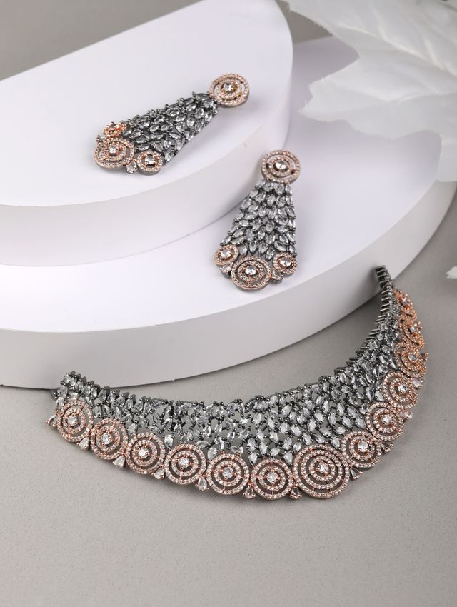 Priyaasi Grey American Diamond Cubic Zirconia Rose Gold Plated Choker Set
