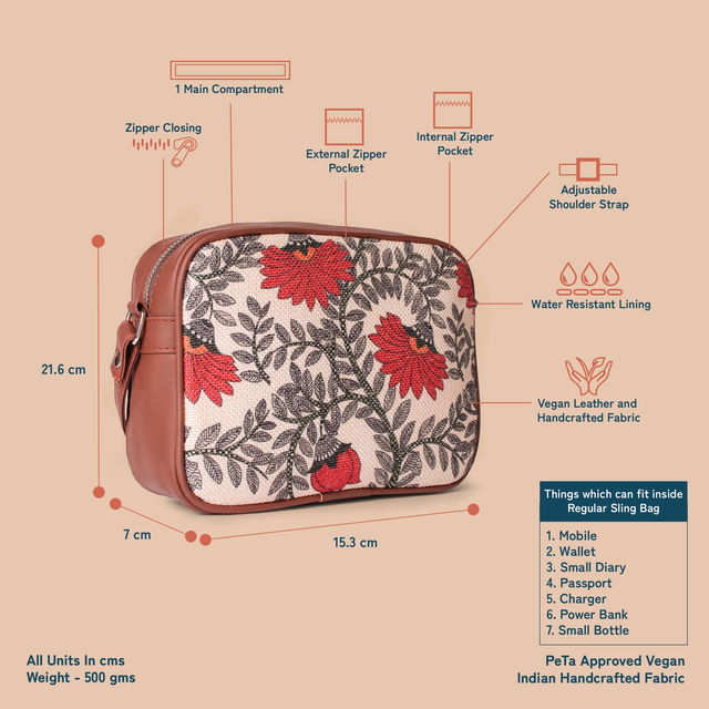 Zouk Women's Floral Vegan Leather and Handcrafted Fabric 2.4 L Sling Bag | Beige and Red - One Size