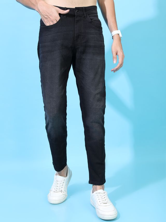 Highlander Men's Tapered Fit Mid-Rise Clean Look Stretchable Jeans | Black - 32