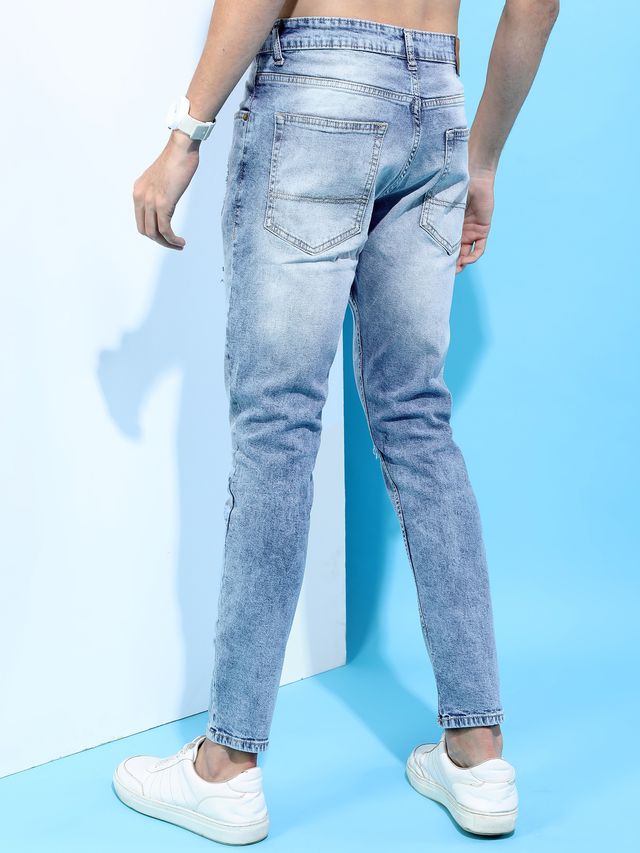 Highlander Men's Tapered Fit Mid-Rise Mildly Distressed Stretchable Jeans | Light Blue - 36