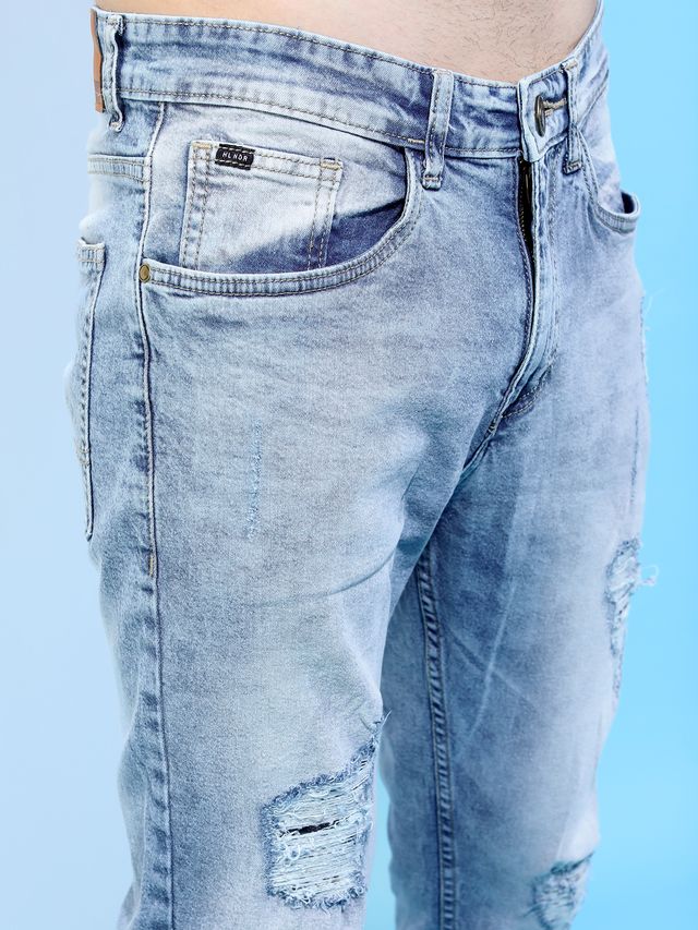 Highlander Men's Tapered Fit Mid-Rise Mildly Distressed Stretchable Jeans | Light Blue - 36