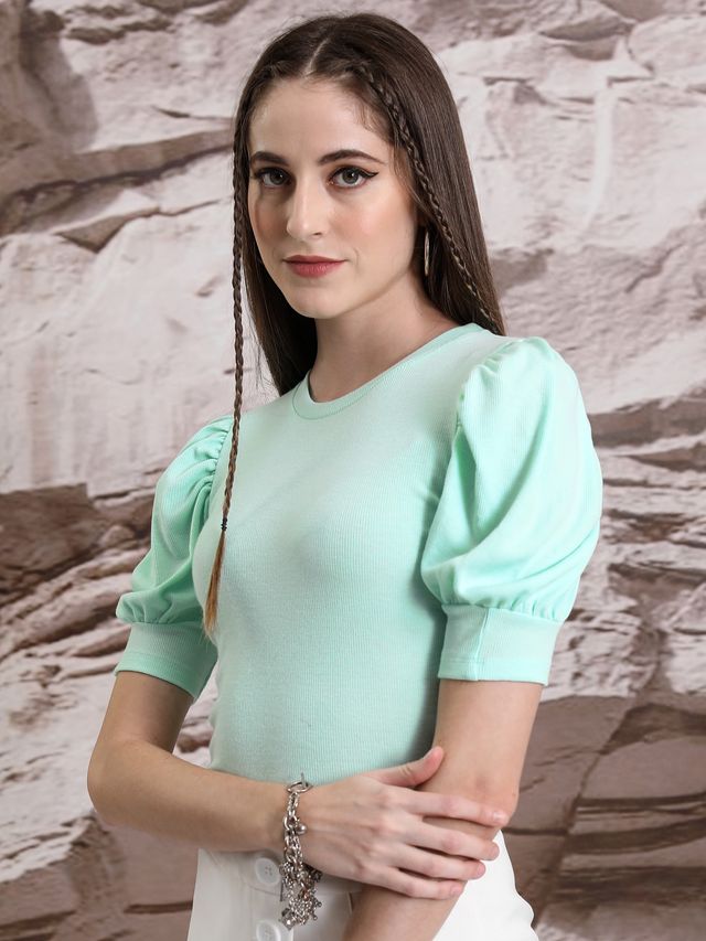 Tokyo Talkies Women's Puff Sleeve Knited Top | Green - L