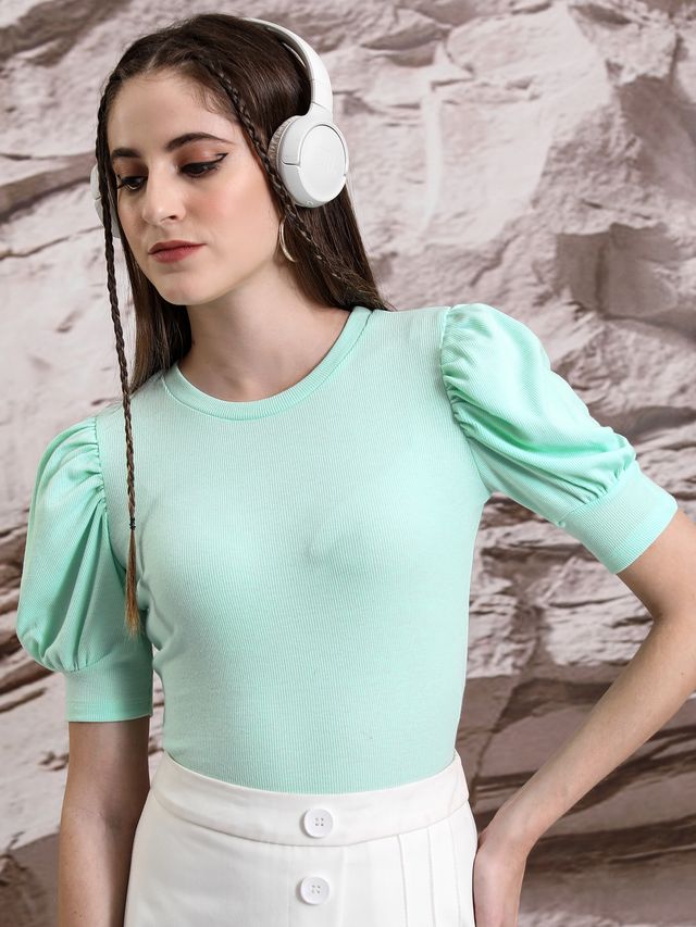 Tokyo Talkies Women's Puff Sleeve Knited Top | Green - L