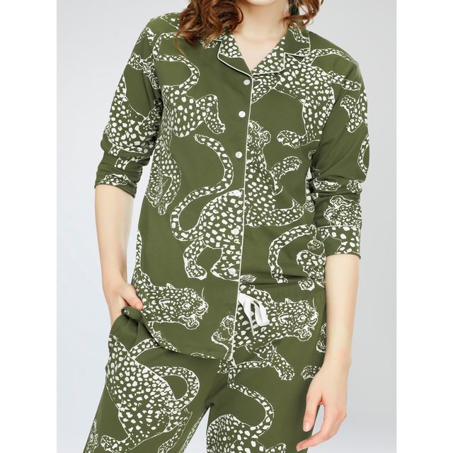 Zeyo Night Suit for Women Olive Leopard Printed Cotton Night Dress | Shirt & Pajama Set 5765-OL- L