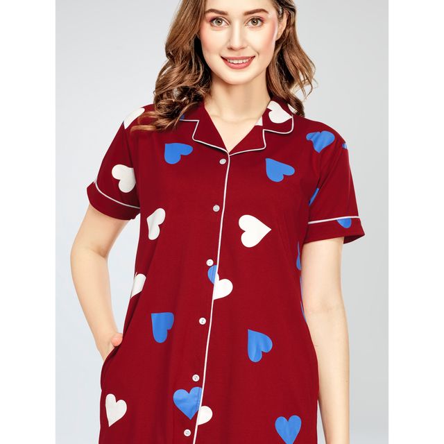Zeyo Women Cotton Maroon Night Dress Heart Printed Knee Length Night Gown 5792- SR- XL