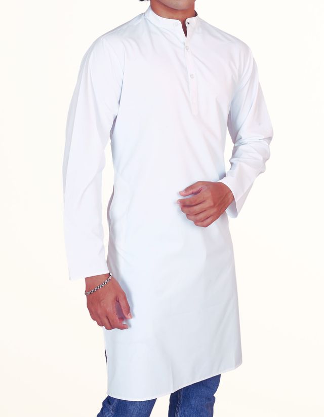 EQL Men's Cotton Linen Button Placket Long Kurta for Men | White - L