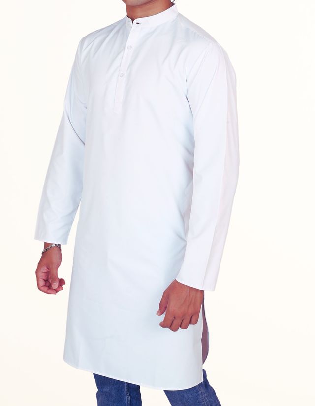 EQL Men's Cotton Linen Button Placket Long Kurta for Men | White - L