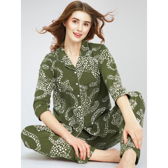 Zeyo Night Suit for Women Olive Leopard Printed Cotton Night Dress | Shirt & Pajama Set 5765-OL- L