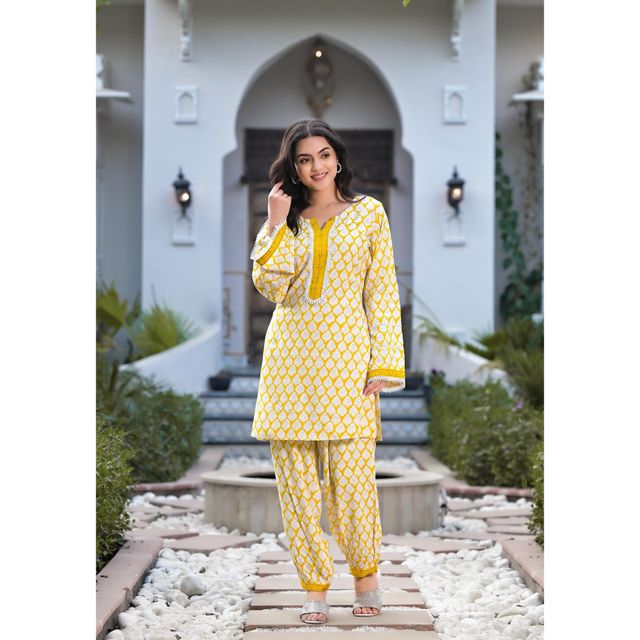 Divena Women s Yellow Floral Print Rayon Co-ord set | DK1085 | L