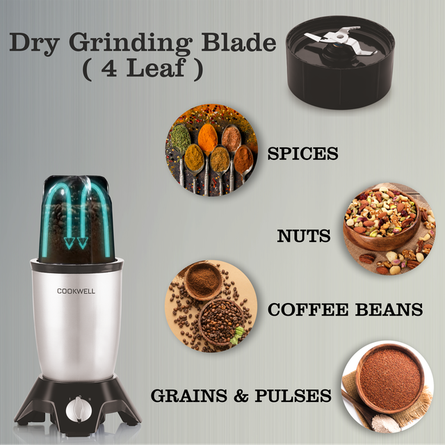Cookwell Bullet Mixer Grinder | 600 W | 5 Jar | 3 Blades - Silver
