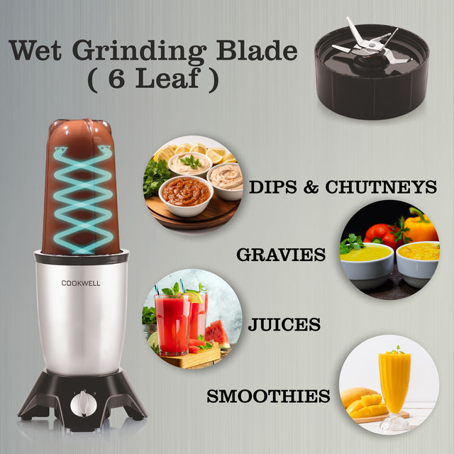 Cookwell Bullet Mixer Grinder | 600 W | 5 Jar | 3 Blades - Silver