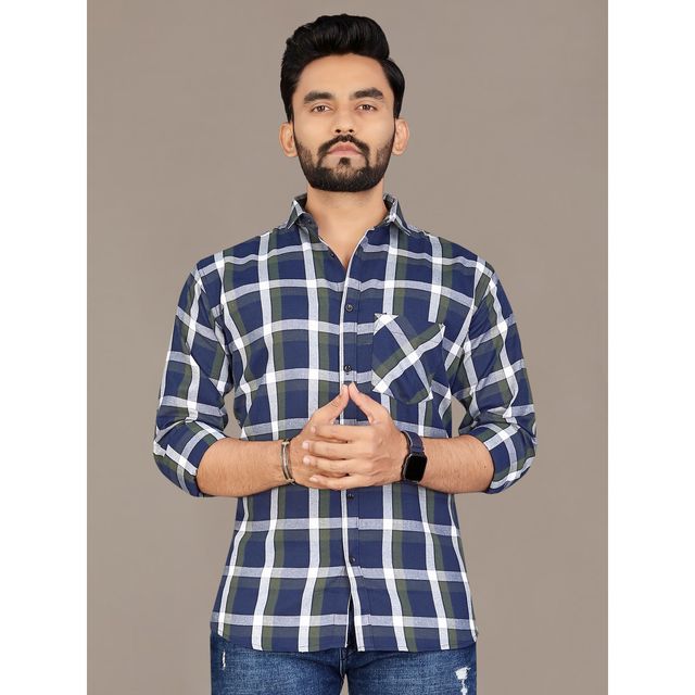 Allan Peter Men's Blue And White Checks Casual Shirt | M
