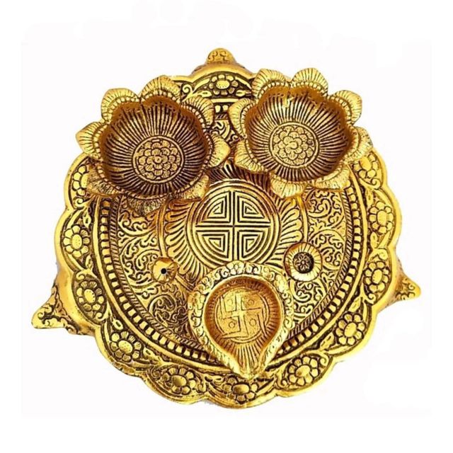 Devnidhii Pooja Thali Set 2+1 Gold Polish Medium Size