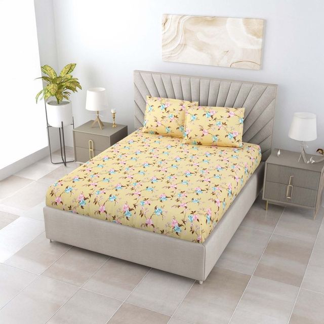 Bombay Dyeing Florentine 144 TC 100% Cotton Mustard Yellow Double Size Bedsheet 2 Pillow Covers