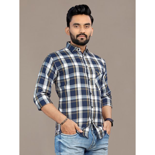 Allan Peter Men's Blue And Yellow Checks Shirt | XL