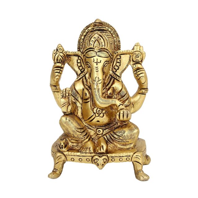 Devnidhii Ganesh Ji Brass Idol On Square Chowki Small Size