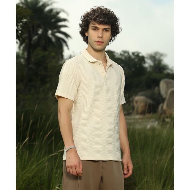 Campus Sutra Men's Flatten - Ruched Polo T-shirt | Cream - M