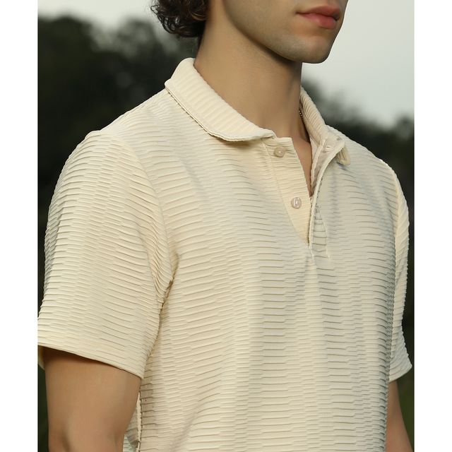 Campus Sutra Men's Flatten - Ruched Polo T-shirt | Cream - M