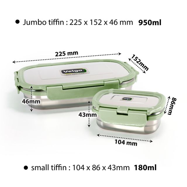 Veigo Jumbo W/veg Box- Stainless Steel Lunchbox Leakproof & Easy to Use- 950+180 Ml- Military Green