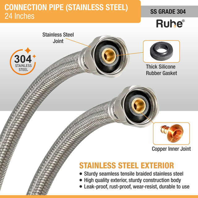Ruhe Geyser Connection Pipe SS (24 Inches) (304 Grade) (Pack of 2)