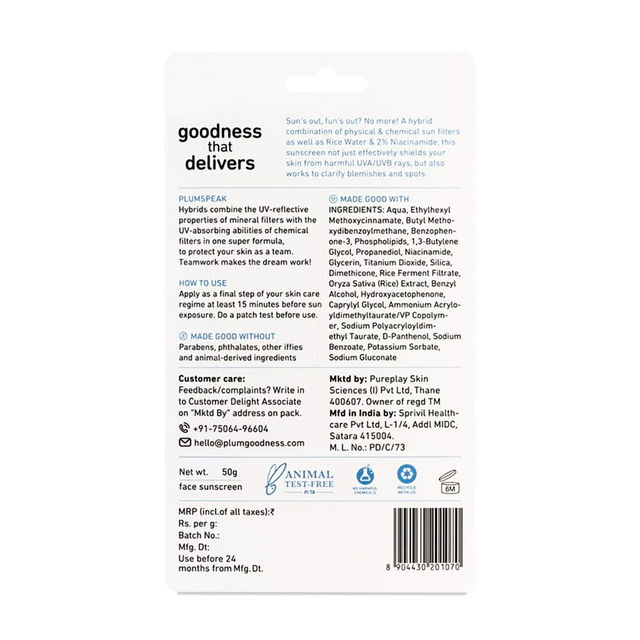 Plum 2% Niacinamide & Rice Water Hybrid Face Sunscreen With SPF 50