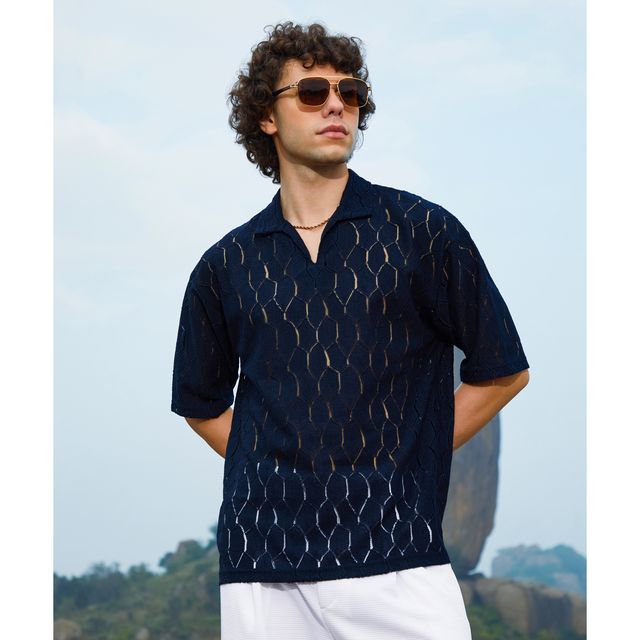 Campus Sutra Men's Honeycomb - Knit Polo T-shirt | Prussian Blue - M