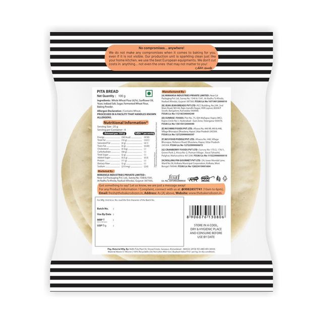 The Baker's Dozen Zero Maida Pita Bread No Palm Oil No Preservative 100% Wholewheat