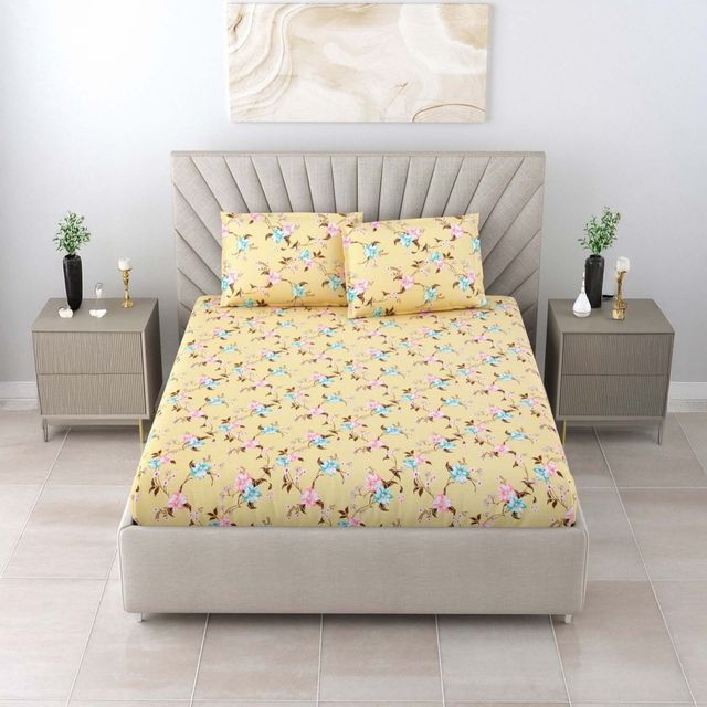 Bombay Dyeing Florentine 144 TC 100% Cotton Mustard Yellow Double Size Bedsheet 2 Pillow Covers
