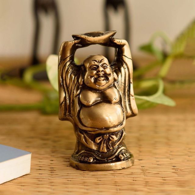 eCraftIndia Exquisite Brass Laughing Buddha Statue Holding Gold Ingot