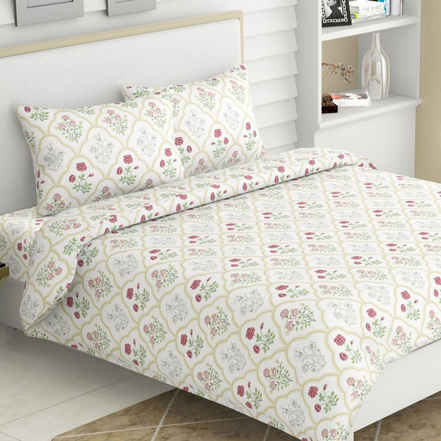 Haus & Kinder Rose Serenity King Bedsheet - 100% Cotton (270X270Cm) (1pc) & Igp Interflora Jasmine Tuberose Handpoured Candle (1pc) Combo