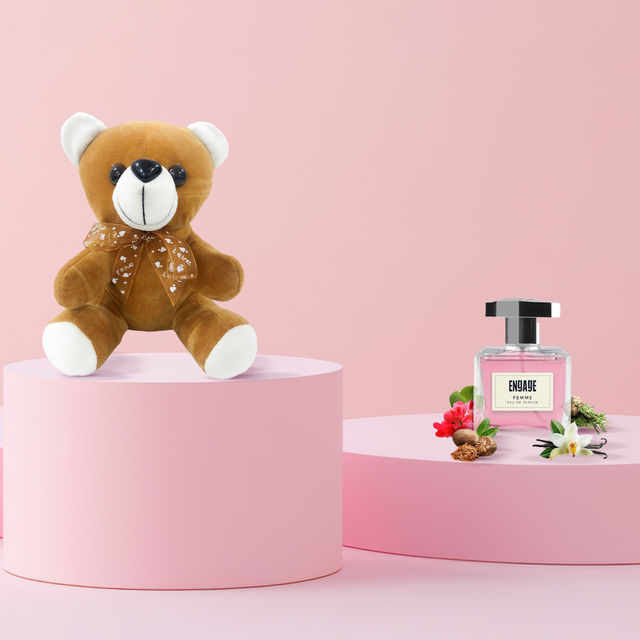 Sterling Sitting Teddy Brown 7 Inch(1pc) & Engage Femme Eau De Parfum For Women, Citrus And Floral Fragrance Scent(100ml) Combo
