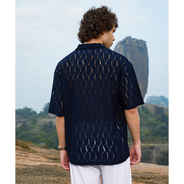 Campus Sutra Men's Honeycomb - Knit Polo T-shirt | Prussian Blue - M