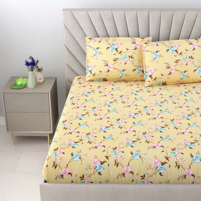 Bombay Dyeing Florentine 144 TC 100% Cotton Mustard Yellow Double Size Bedsheet 2 Pillow Covers