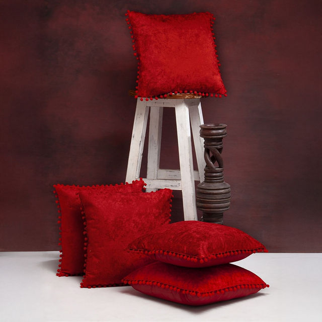 Hosta Homes Soft Velvet Pom Pom Pattern Red Cushion Covers | Pack of 5