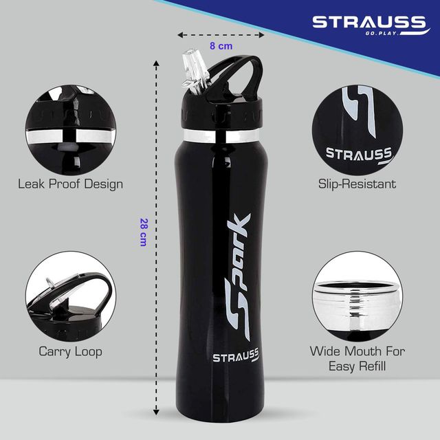 Strauss Spark Stainless-Steel Bottle, Metal Finish, 750 ml, (Black)