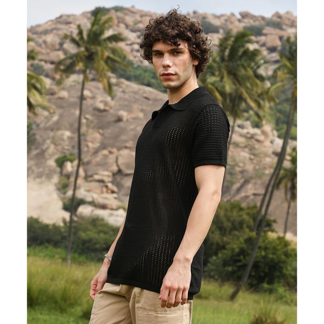 Buy Campus Sutra Men's Textured - Knit Polo T-shirt | Raven Black