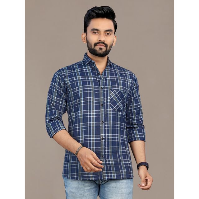 Allan Peter Men's Navy Blue Checks Shirt | XL