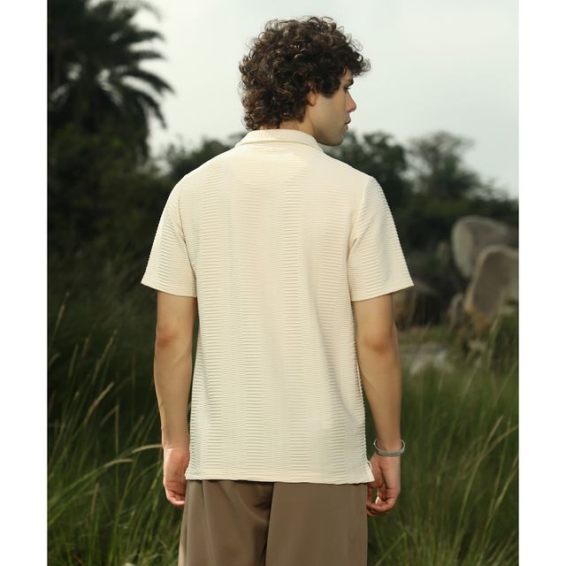 Campus Sutra Men's Flatten - Ruched Polo T-shirt | Cream - M