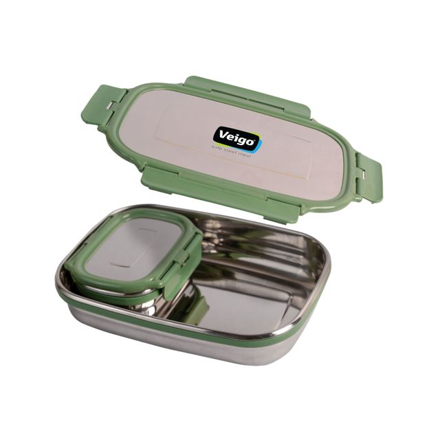 Veigo Jumbo W/veg Box- Stainless Steel Lunchbox Leakproof & Easy to Use- 950+180 Ml- Military Green