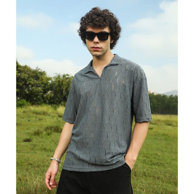 Campus Sutra Men's Honeycomb - Knit Polo T-shirt | Moon Grey - S