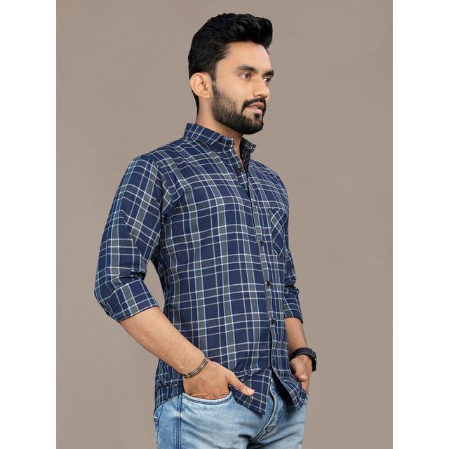 Allan Peter Men's Navy Blue Checks Shirt | XL