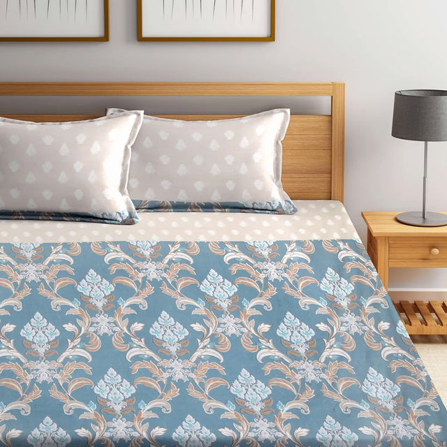 Arrabi Beige Graphic Bedsheet With 2 Pillow Covers